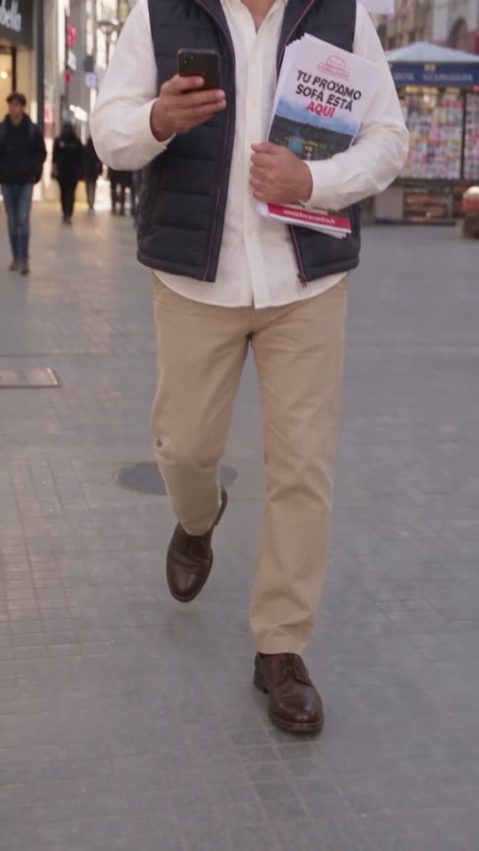 El dueño de la tienda caminando por la calle con folletos